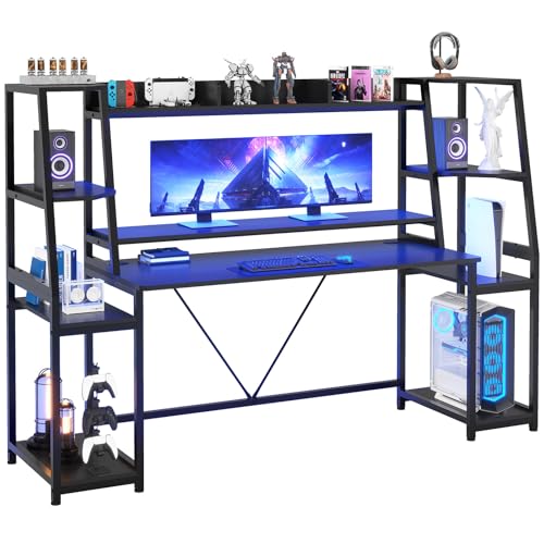Gaming Desk with LED Lights, Hutch and Storage Shelves, Black O742