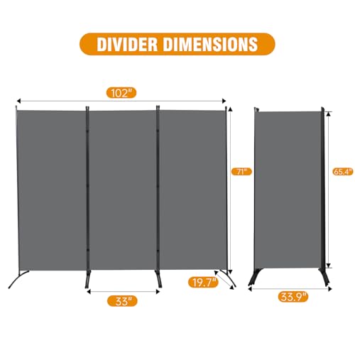 Room Divider Screen 3 Panel Folding Partition with Metal Frame, Grey N348