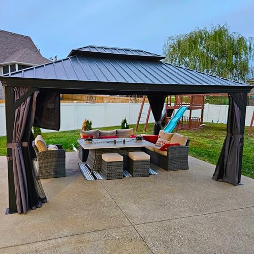 10' x 14' Permanent Hardtop Gazebo with Galvanized Steel Double Roof, Curtains and Netting Included M871
