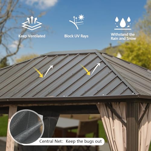 10 x 10 ft Hardtop Gazebo with Netting and Curtains, Galvanized Steel Roof for Patio K80436
