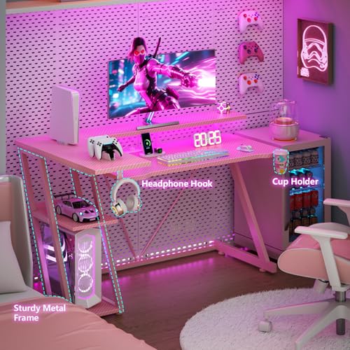 L Shaped Gaming Desk with Power Outlet and LED Lights Y52619