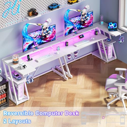 L Shaped Gaming Desk with Power Outlet and LED Lights Y52619