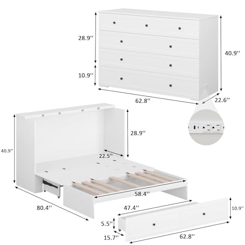 Murphy Bed with Storage & Charging Station, Foldable Panel, Distressed White C449393