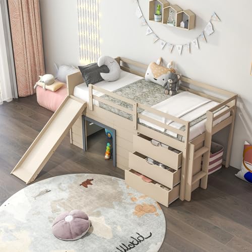 Twin Low Loft Bed with 3 Storage Drawers, Slide, Ladder & Guardrails I297242