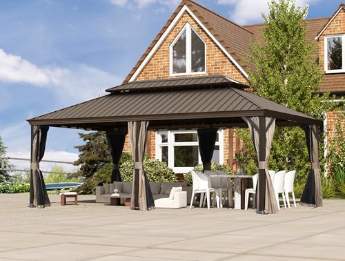 10 x 10 ft Hardtop Gazebo with Netting and Curtains, Galvanized Steel Roof for Patio K80436