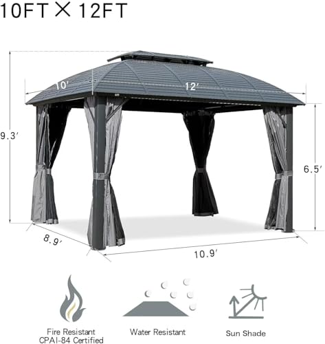 10 x 10 ft Hardtop Gazebo with Netting and Curtains, Galvanized Steel Roof for Patio K80436