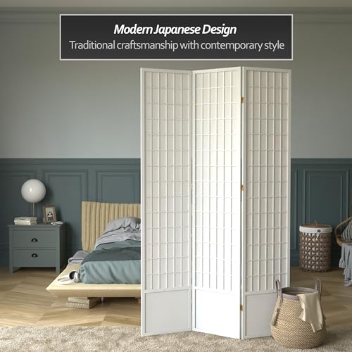 7 ft. Tall Window Pane Shoji Screen Room Divider, 3 Panels, White S15216