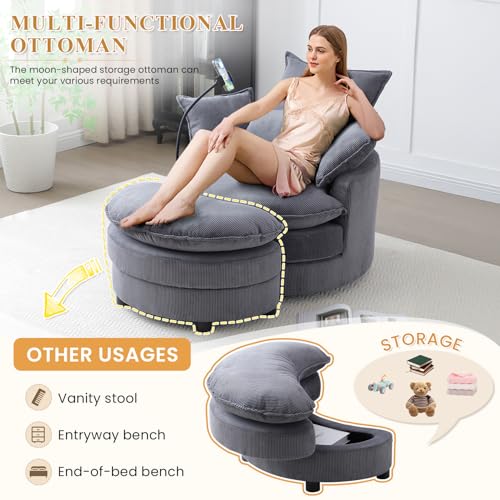 Swivel Barrel Accent Sofa Chair with Phone Holder & Storage Ottoman, 360 Degree Corduroy, Beige A36232