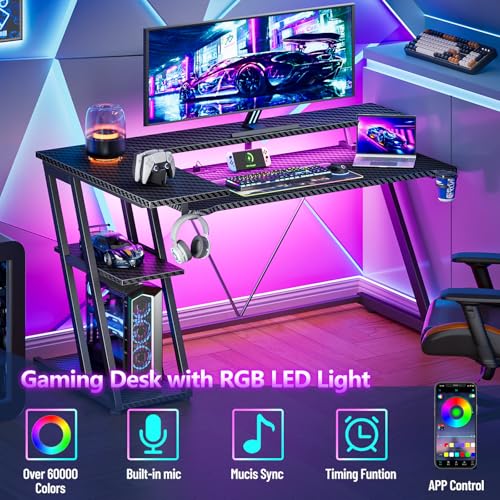 L Shaped Gaming Desk with Power Outlet and LED Lights Y52619