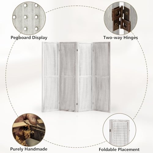 Wooden Pegboard Room Divider with Folding Privacy Screen, 5.6Ft, Light Brown D937870