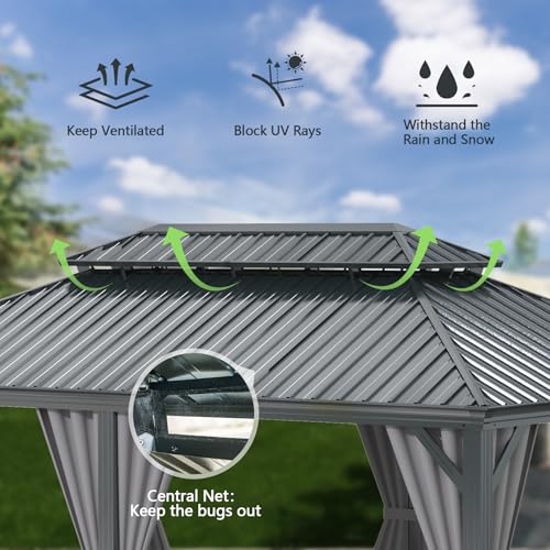 10 x 10 ft Hardtop Gazebo with Netting and Curtains, Galvanized Steel Roof for Patio K80436