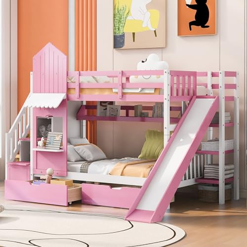 Kids Bunk Bed with Stairs and Slide, Twin Over Twin, Gray O540