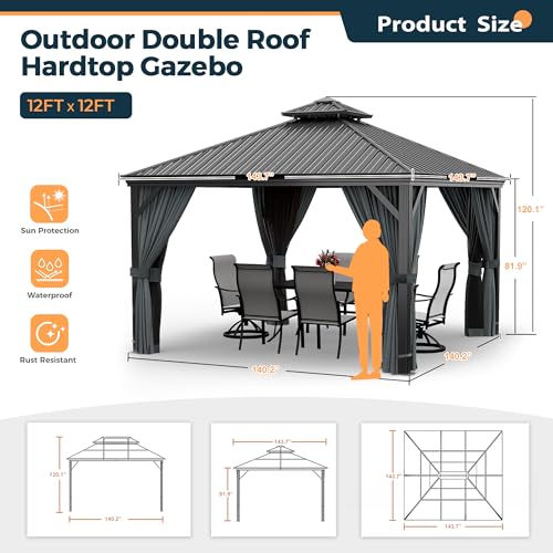 10 x 12 ft Hardtop Gazebo with Netting and Curtains for Patio, Deck, Backyard X60892
