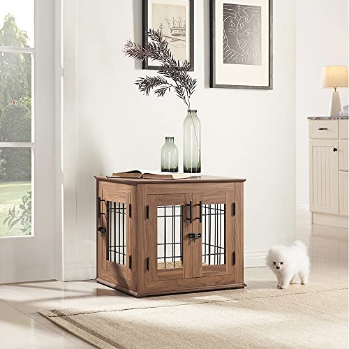 Wooden Dog Crate End Table with Double Doors and Pet Bed E595686
