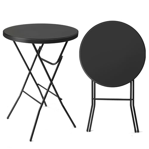 Folding Round Table Bar Height, HDPE with Gray Metal Finish, Black M940225