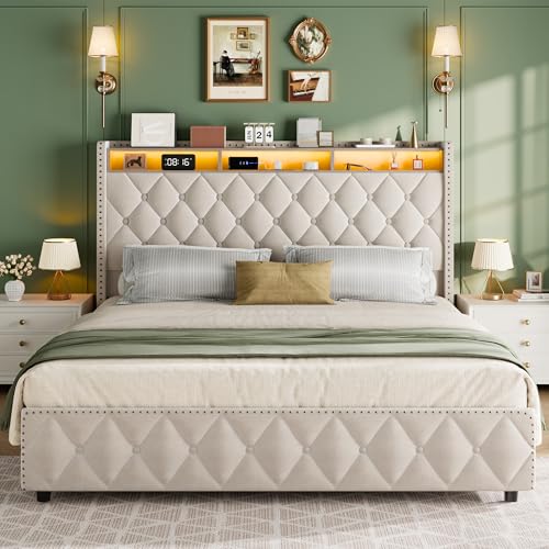 Queen Bed Frame with Tall Headboard, Velvet Upholstered, 4 Storage Drawers Y5950