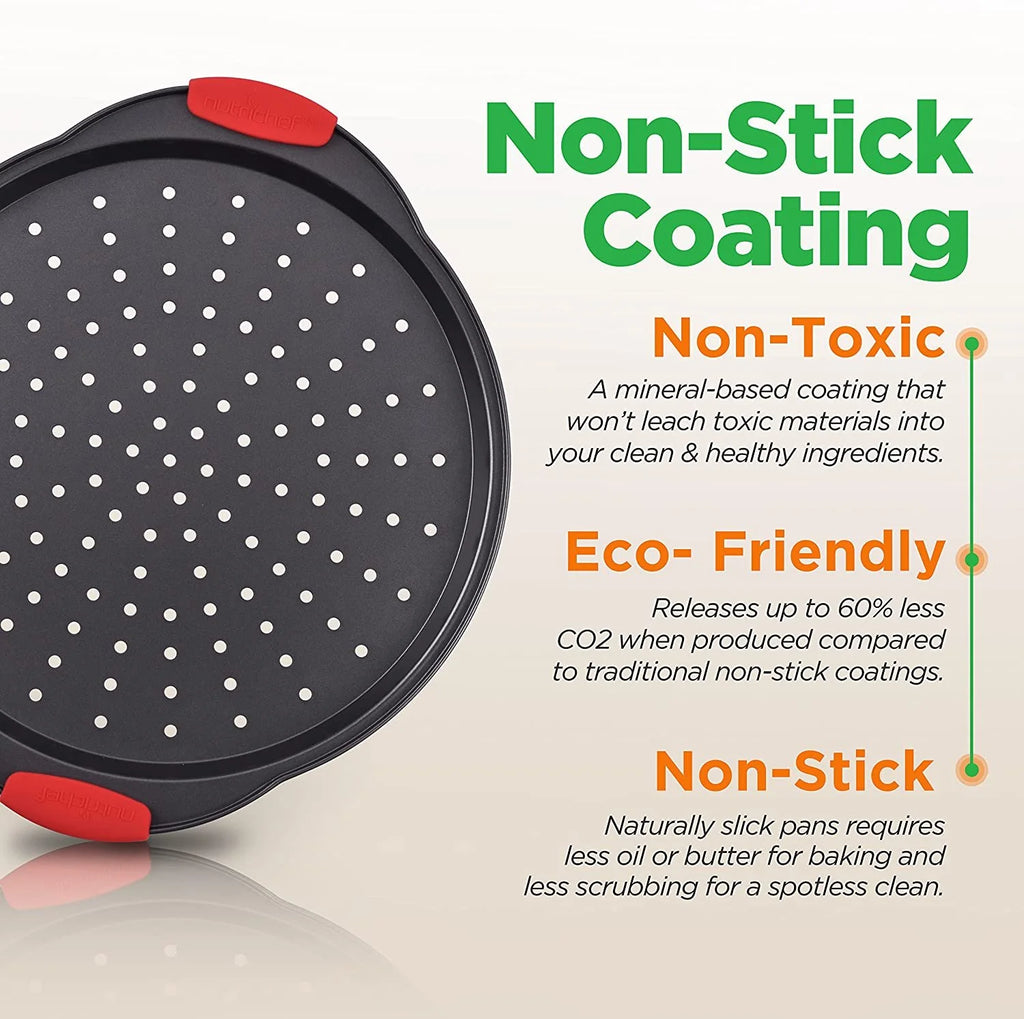 Non-Stick Pizza Tray with Silicone Handle, Round Steel Pan with Perforated Holes W84840