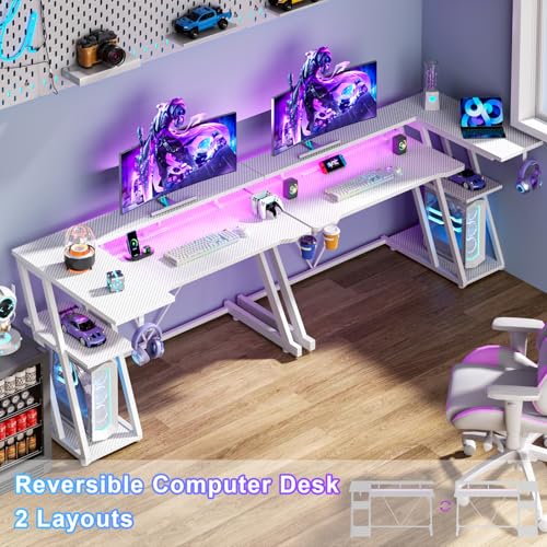 L Shaped Gaming Desk with Power Outlet and LED Lights Y52619
