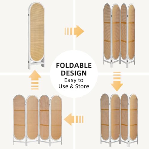 Foldable Wooden Room Divider, Hand-Woven Rattan Privacy Screen Q240970