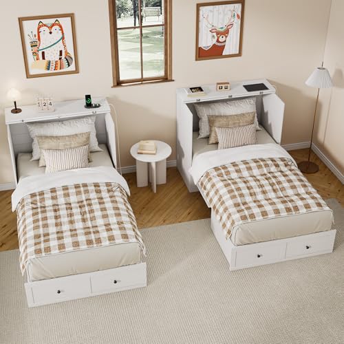 Murphy Bed with Storage & Charging Station, Foldable Panel, Distressed White C449393