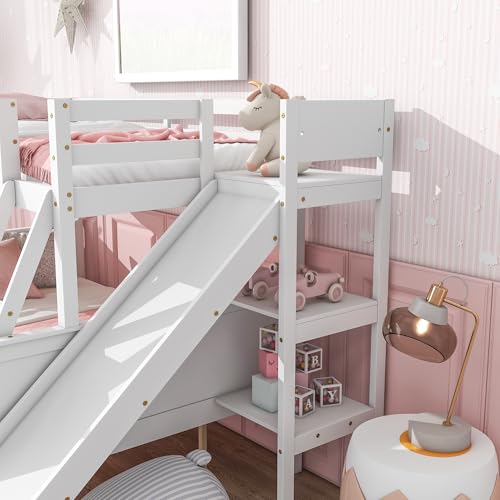 Twin Over Full Size Wooden Bunk Bed with Slide and Storage Stairs N394