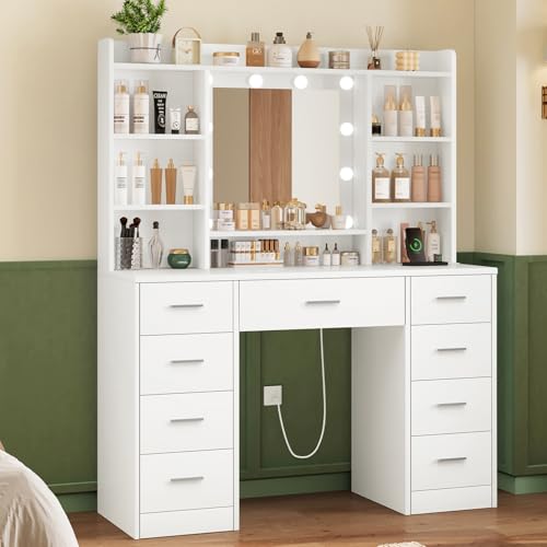 Vanity Desk with Mirror and Lights, 9 Drawers, 6 Open Shelves, Adjustable Brightness, White J50562