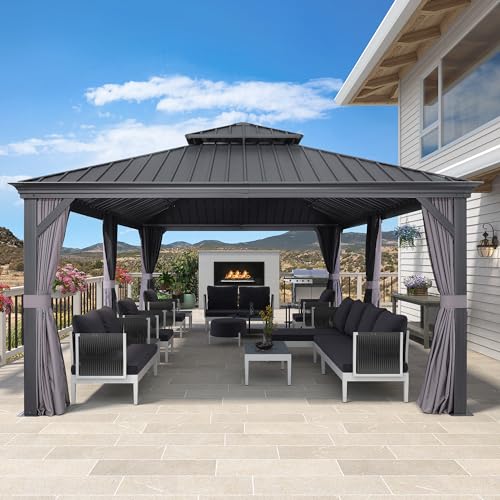 10' x 14' Permanent Hardtop Gazebo with Galvanized Steel Double Roof, Curtains and Netting Included M871