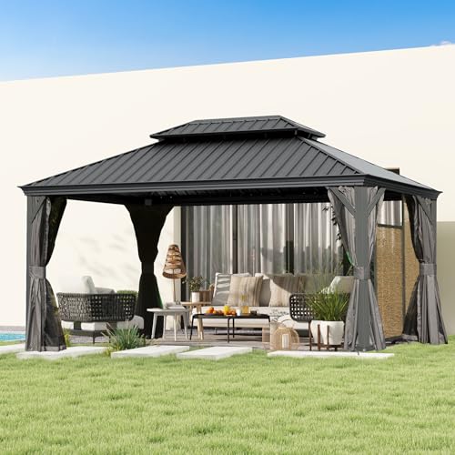 10 x 10 ft Hardtop Gazebo with Netting and Curtains, Galvanized Steel Roof for Patio K80436