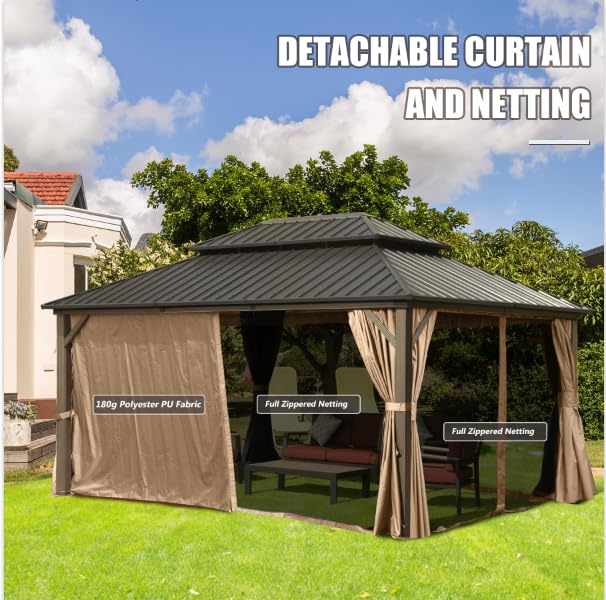 10 x 10 ft Hardtop Gazebo with Netting and Curtains, Galvanized Steel Roof for Patio K80436