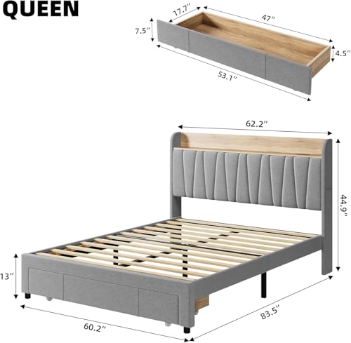 Queen Size Bed Frame with Storage Headboard and Drawers, Beige D3599