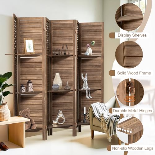 6 Panel Wooden Room Divider with Shelves P850285