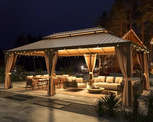 12x16 ft Hardtop Gazebo with Double Roof, Curtains and Netting T94173