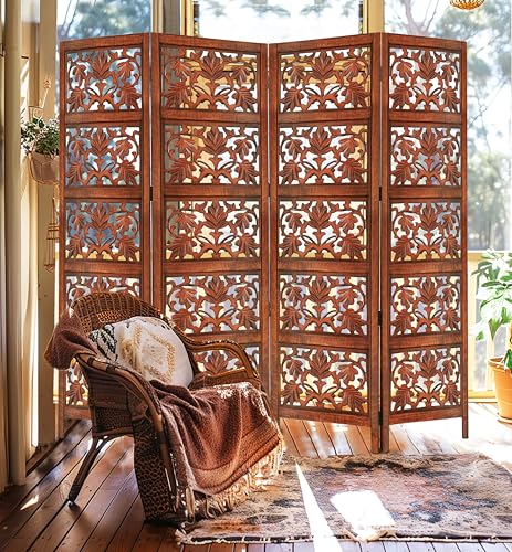 4 Panel Folding Wood Room Divider, Antique Brown, 72 x 80 P209