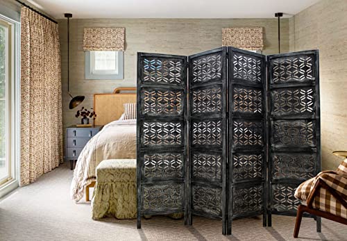 4 Panel Folding Wood Room Divider, Antique Brown, 72 x 80 P209