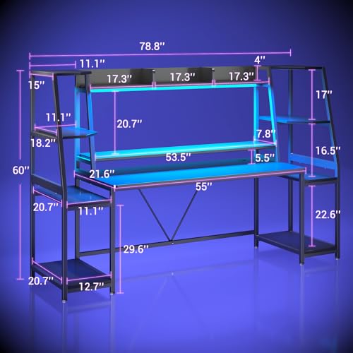 Gaming Desk with LED Lights, Hutch and Storage Shelves, Black O742