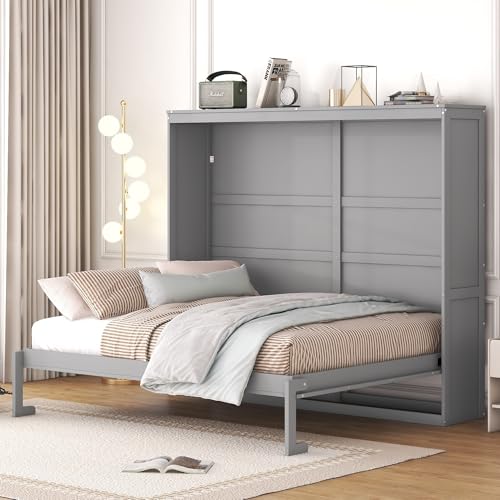 Modern Farmhouse Solid Wood Murphy Cabinet Bed Queen Gray B72702