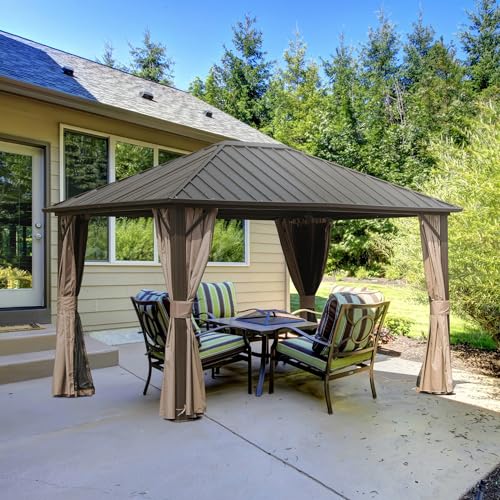 10 x 10 ft Hardtop Gazebo with Netting and Curtains, Galvanized Steel Roof for Patio K80436