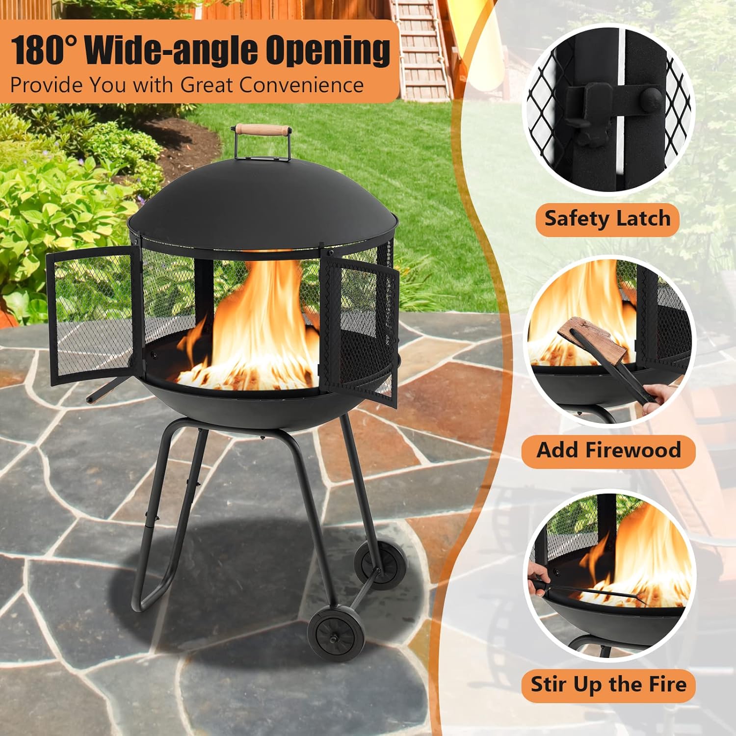Portable Fire Pit with Wheels, 28 Inch Wood Burning, Black K9455