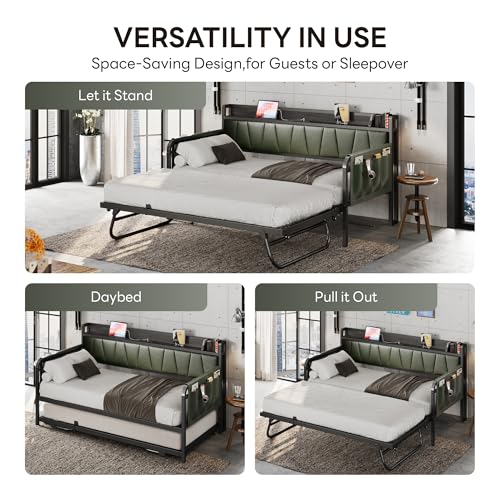 Daybed with Trundle Bed, Twin Bed Frame with Storage Headboard and Charging Station, Grey S3738