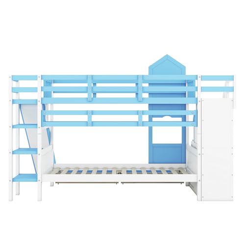 Kids Bunk Bed with Stairs and Slide, Twin Over Twin, Gray O540
