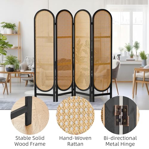 Foldable Wooden Room Divider, Hand-Woven Rattan Privacy Screen Q240970