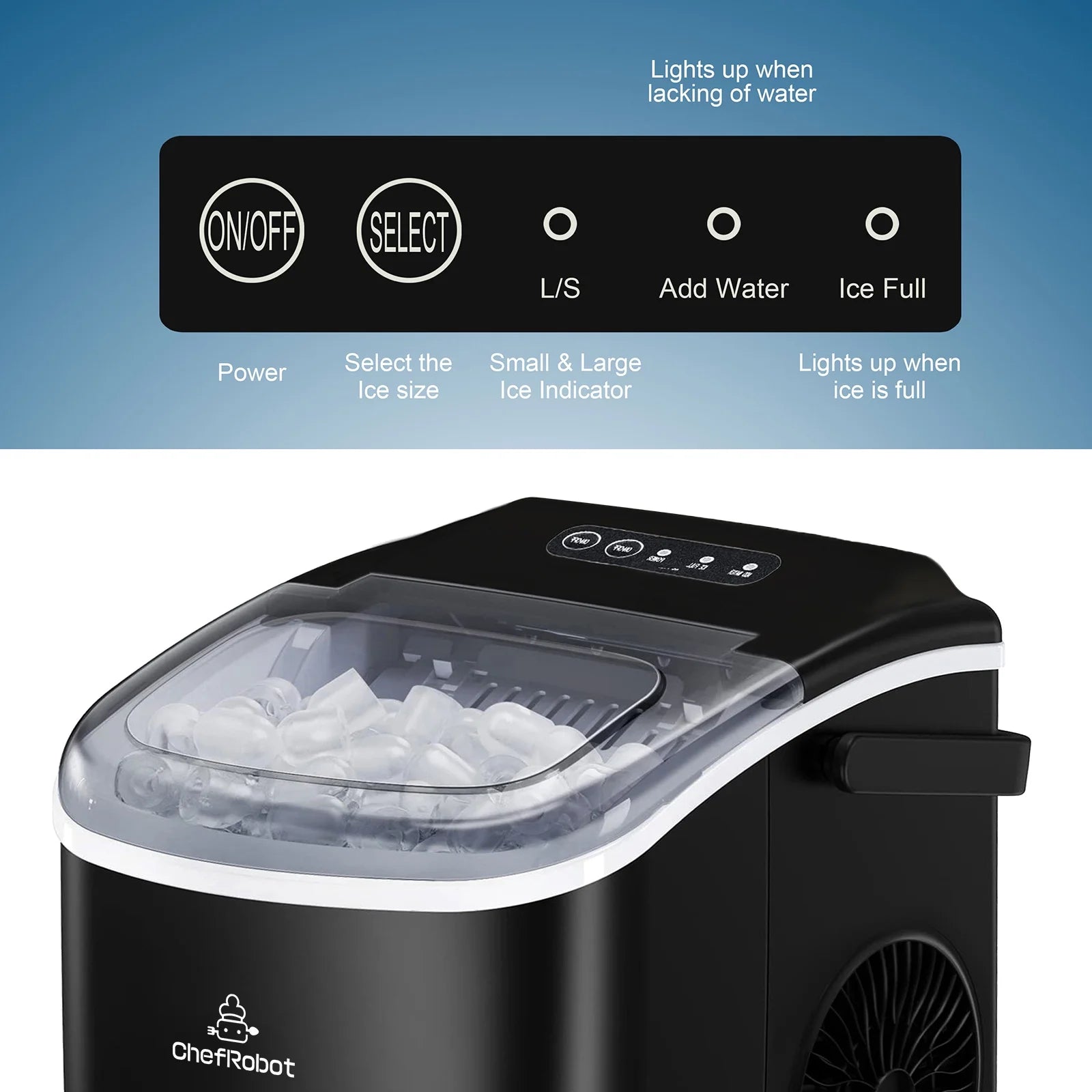 Ice Maker Countertop, Self-Cleaning, 26.5 lbs in 24 Hrs, Black R737