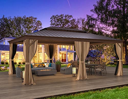 12x16 ft Hardtop Gazebo with Double Roof, Curtains and Netting T94173