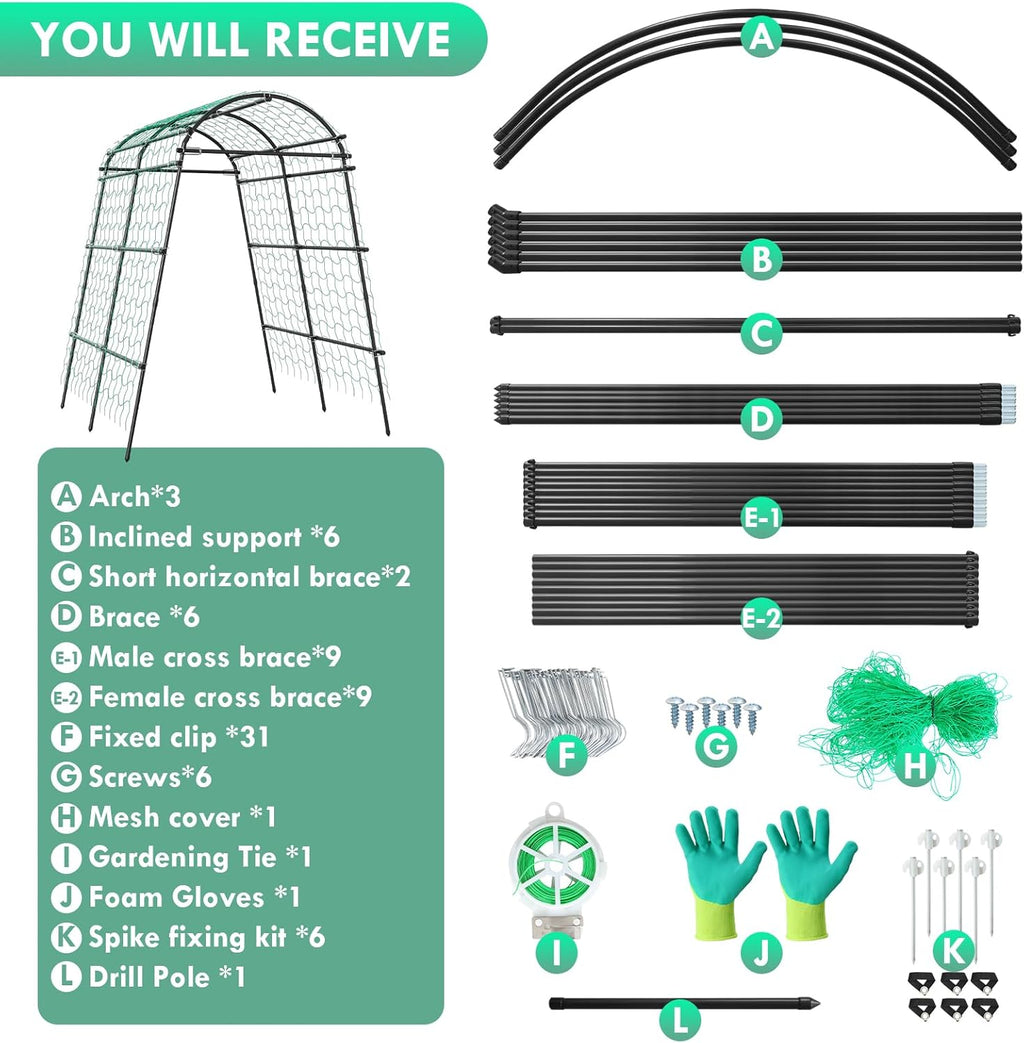 Garden Arch Trellis for Climbing Plants Outdoor, 7 Ft Tall Metal Archway with Nylon Net G610