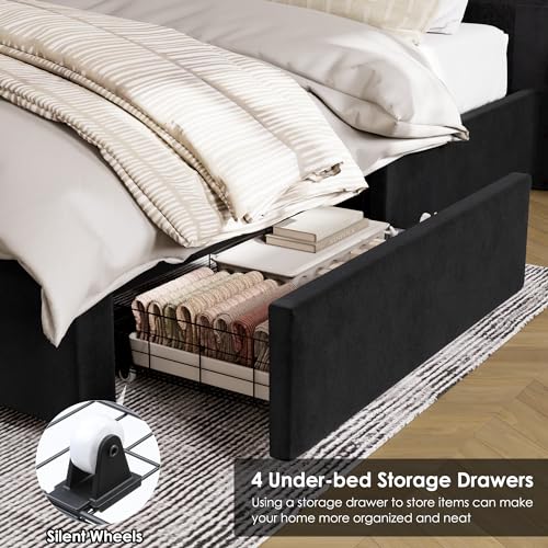 Velvet Upholstered King Bed Frame with Tall Headboard and Storage Drawers V8658