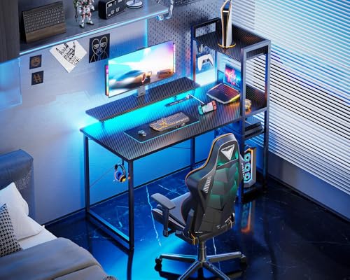 Reversible Gaming Desk with USB Charging Port and LED Lights, 40 Inch Computer Desk with Storage Shelves M571