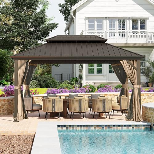 10 x 10 ft Hardtop Gazebo with Netting and Curtains, Galvanized Steel Roof for Patio K80436