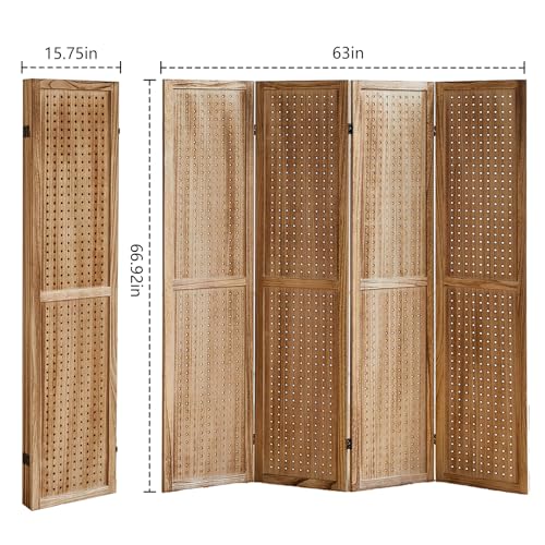 Wooden Pegboard Room Divider with Folding Privacy Screen, 5.6Ft, Light Brown D937870