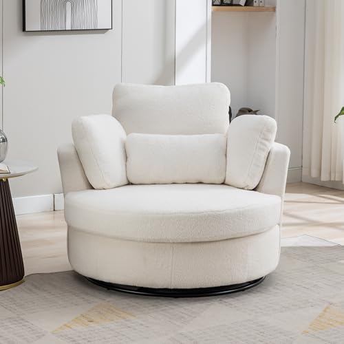 Oversized Swivel Barrel Chair with Ottoman, Chenille, Beige M813
