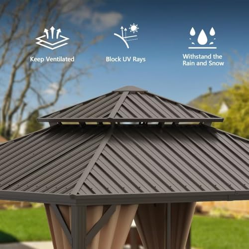 10 x 10 ft Hardtop Gazebo with Netting and Curtains, Galvanized Steel Roof for Patio K80436